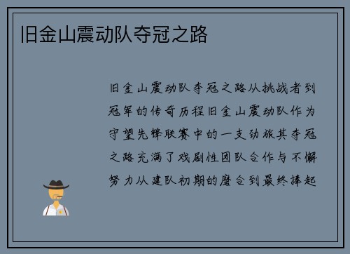 旧金山震动队夺冠之路