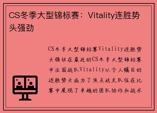 CS冬季大型锦标赛：Vitality连胜势头强劲