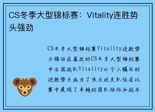 CS冬季大型锦标赛：Vitality连胜势头强劲